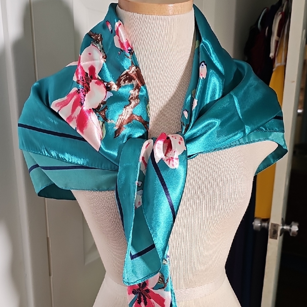 Lovely Floral Teal Scarf. 35" Square. Great Used Condition.